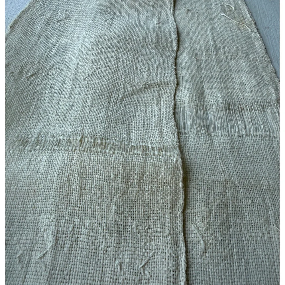 Vintage Handwoven Linen Textile Table Runner Cream White Fringe Frayed Edge 42in